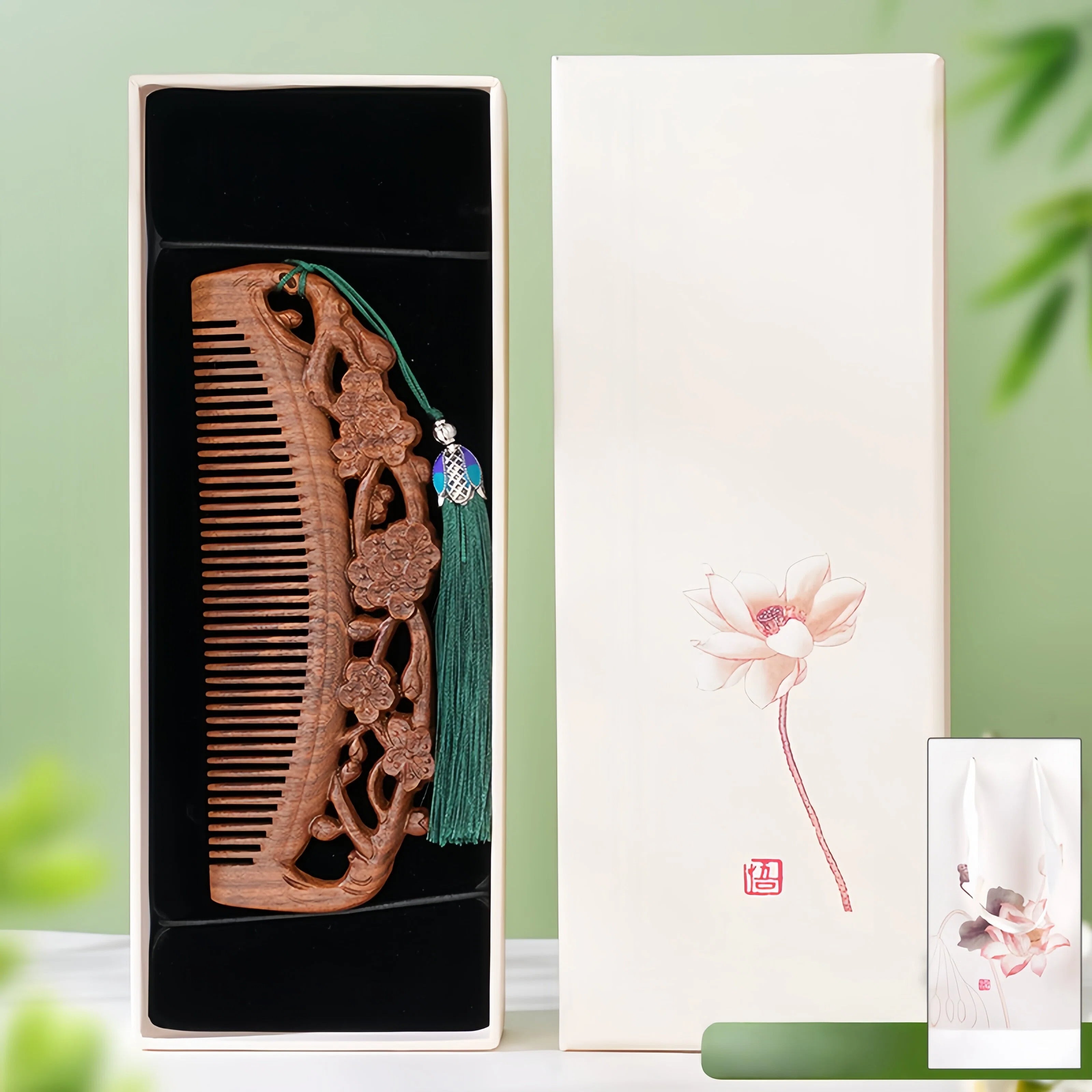 Natural Sandalwood Comb | Anti-Static Hair Care & Scalp Nourishing | Hand-Carved Chinese Design with Classic Pendant | Gift