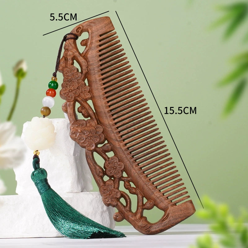 Natural Sandalwood Comb | Anti-Static Hair Care & Scalp Nourishing | Hand-Carved Chinese Design with Classic Pendant | Gift