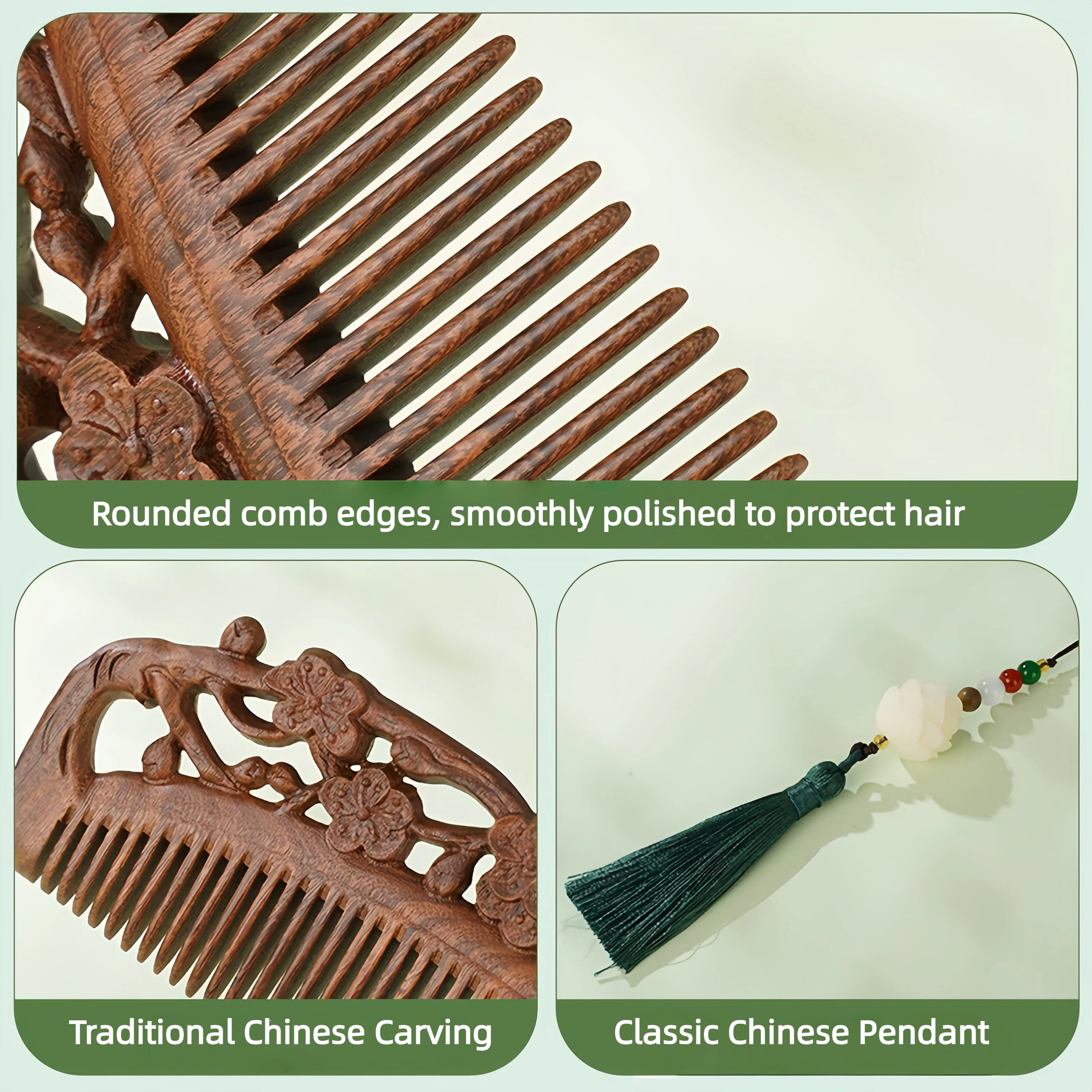Natural Sandalwood Comb | Anti-Static Hair Care & Scalp Nourishing | Hand-Carved Chinese Design with Classic Pendant | Gift